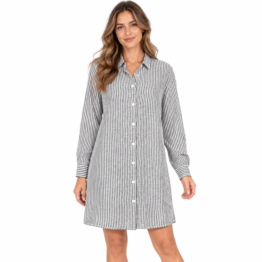 Garnet Hill Shirt Dress Women M Grey White Striped Linen Mini Coastal Resortwear